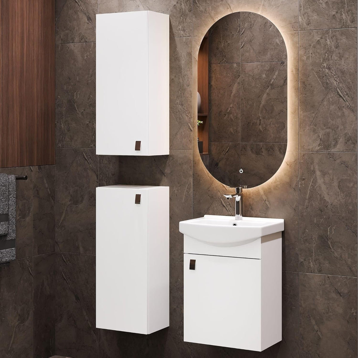 Planetmöbel Bathroom Cabinet Set Wash Basin with Bath Furniture 45 x 60 x 33 cm, Mirror with Lighting 50 x 90 cm, 2X Midi Cabinets for Bathroom & Guest Toilet, White - QUORE