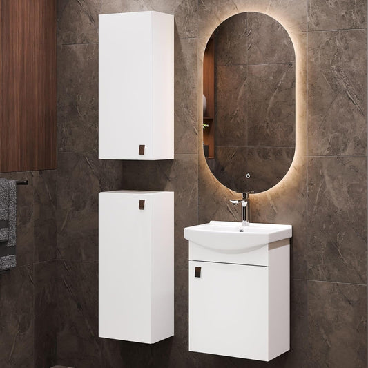 Planetmöbel Bathroom Cabinet Set Wash Basin with Bath Furniture 45 x 60 x 33 cm, Mirror with Lighting 50 x 90 cm, 2X Midi Cabinets for Bathroom & Guest Toilet, White - QUORE