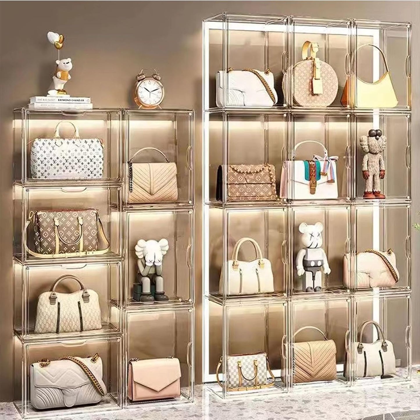 Acryl vitrine doorzichtige handtas opslag organizer voor kast, stapelbare tas organizer met magnetische deur voor portemonnee, cosmetica, speelgoed (9)