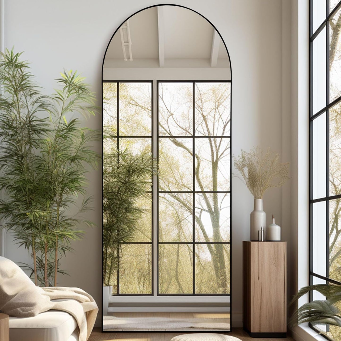 Grote Staande Spiegel – Vloerspiegel – Full Body Spiegel – Staande Spiegel – Vrijstaande Spiegel – Boogvormig Design – 180 x 76 cm – Zwart Aluminium Frame Met Goudkleurige Rand