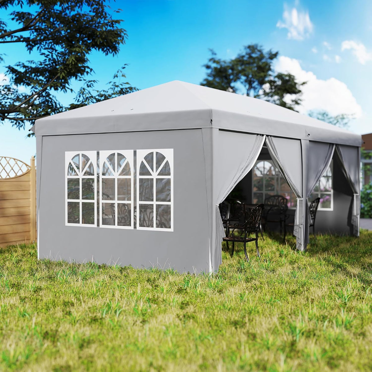 Outsunny Garden Gazebo Foldable 6 x 3 m Outdoor Gazebo Foldable Waterproof 4 Removable Side Walls 4 Windows + Carry Bag Light Grey