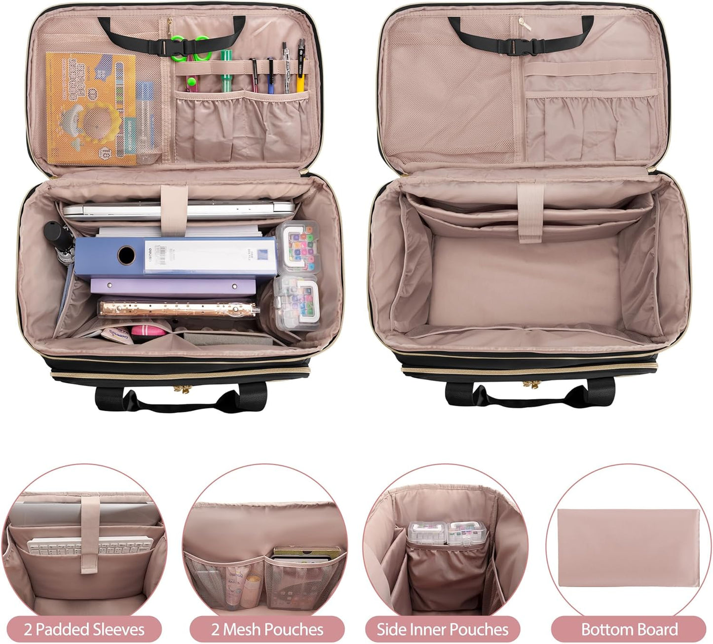 Rolling Teacher Bag with Wheels, Docententas met Afneembare Trolley, Docententas op wielen past voor 15. 6” Laptop en Docentenbenodigdheden, Zwart (Patent Design)