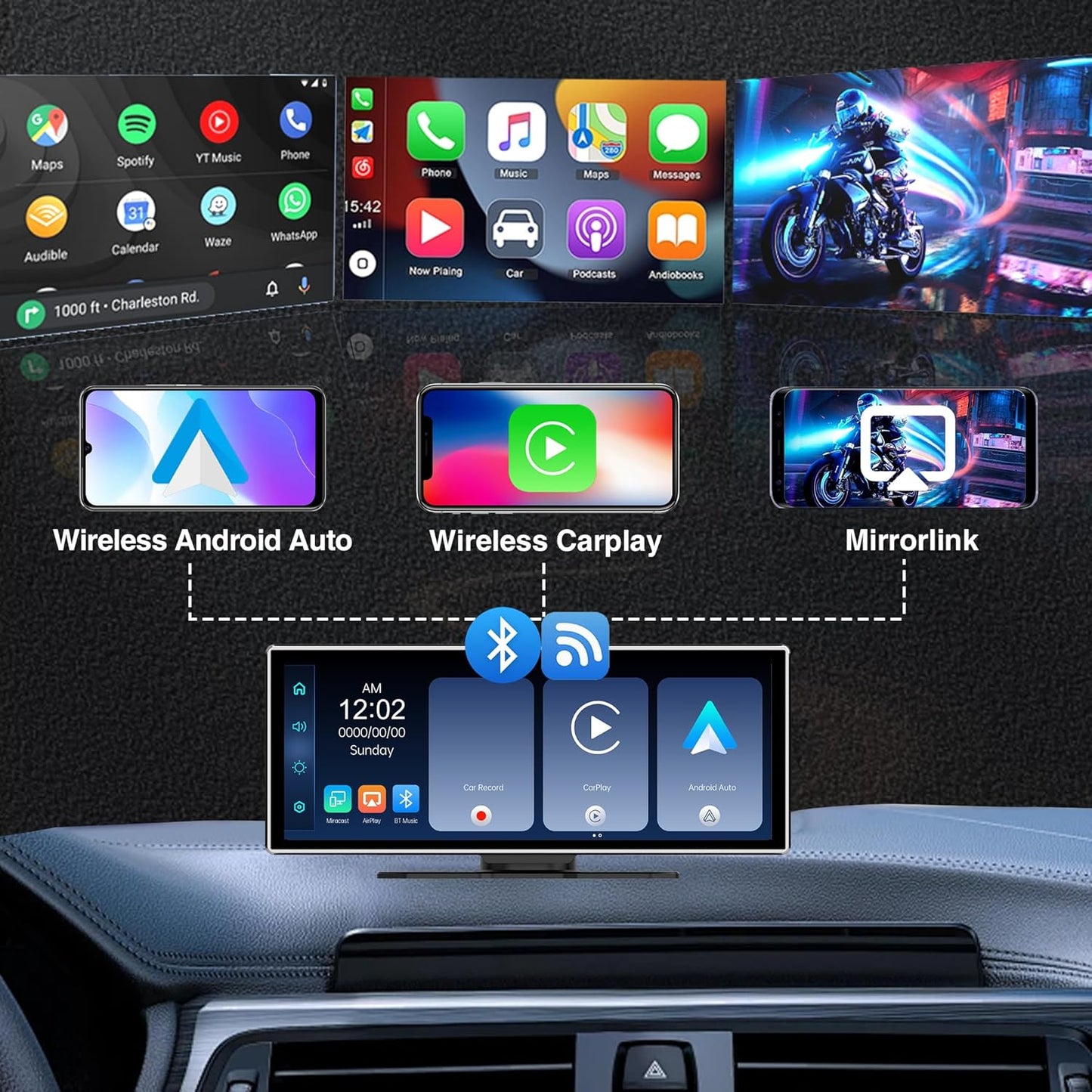 SCUMAXCON draagbare autoradio met 11,26 inch IPS-multimediascherm CarPlay/Android Auto Airplay, 4K 1080p achteruitrijcamera, BT FM-camera