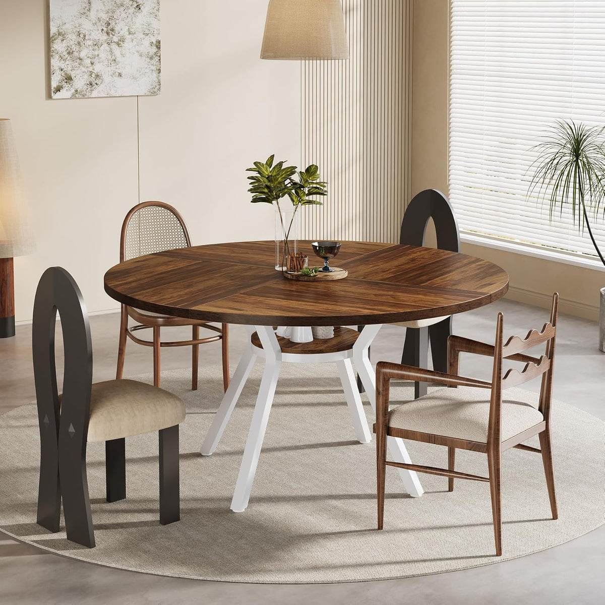 Tribesigns Round Dining Table for 4 People, 120 cm, Round Dining Table with Metal Base, Kitchen Table with Storage Compartment for Home, Dining Room, Living Room, White (Brown)