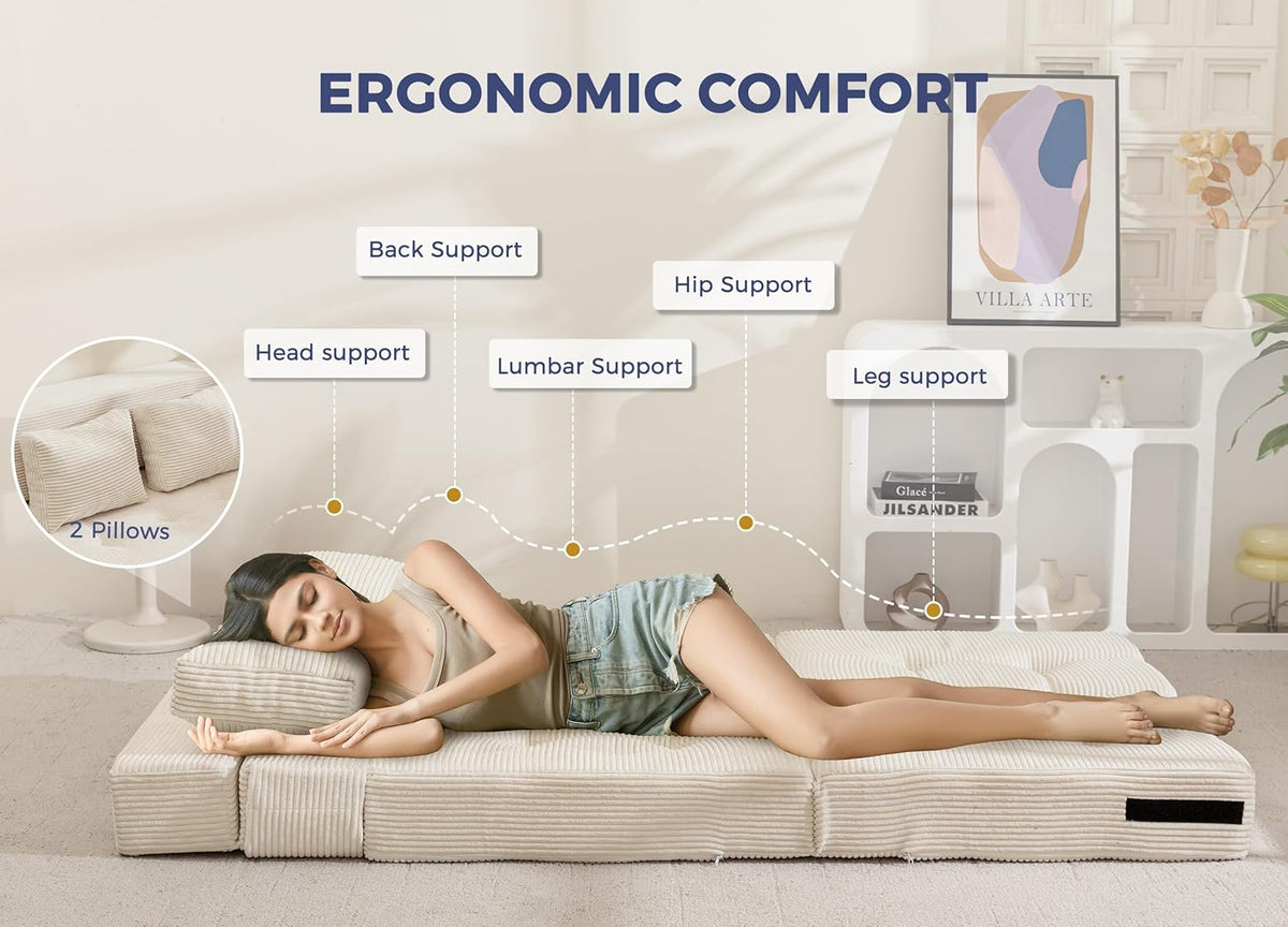 MAXYOYO Opvouwbare schuim slaapbank, drievoudig opvouwbaar matras met 2 kussens, omvormbare slaapbank, futonbed met 15 cm dun schuim, draagbare 3-in-1 vloerbank