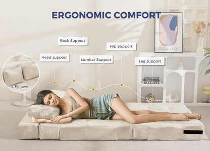 MAXYOYO Opvouwbare schuim slaapbank, drievoudig opvouwbaar matras met 2 kussens, omvormbare slaapbank, futonbed met 15 cm dun schuim, draagbare 3-in-1 vloerbank
