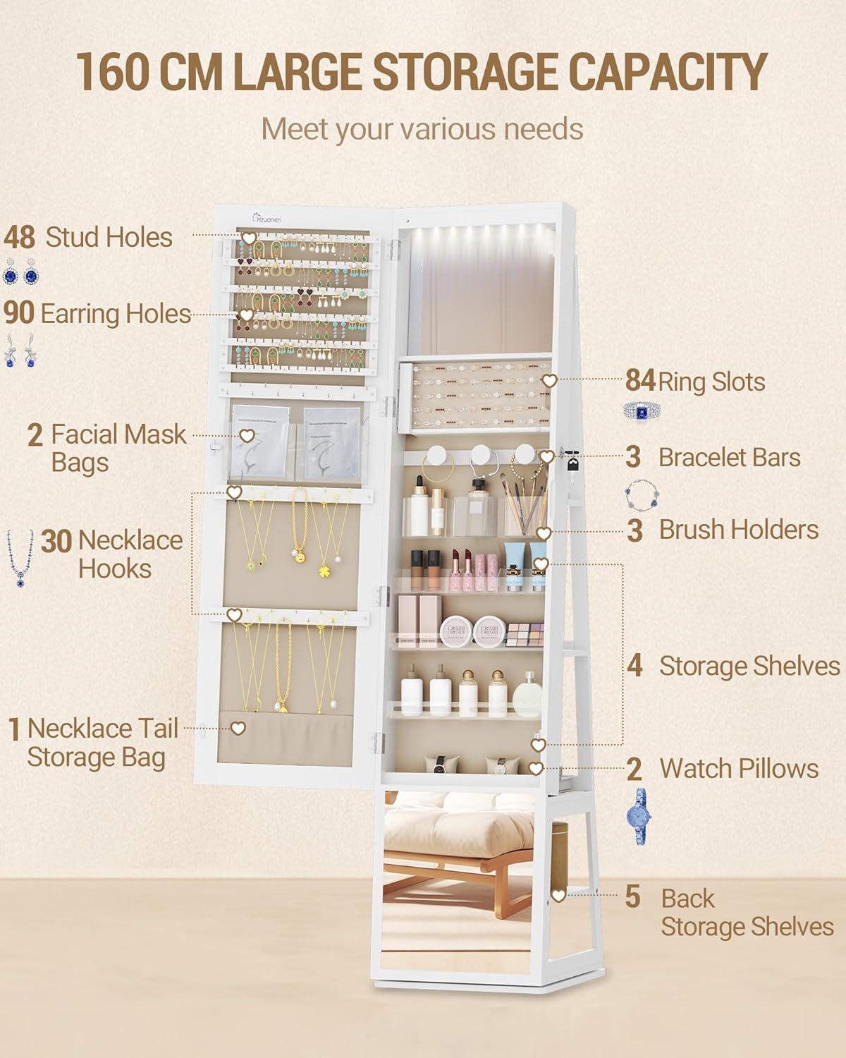 Hzuaneri Jewellery cabinet, with 360° rotating base, lockable mirror in full length, large 4-stage storage compartments, 4-in-1 multifunctional (white and beige)