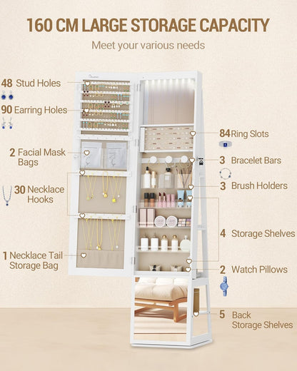 Hzuaneri Jewellery cabinet, with 360° rotating base, lockable mirror in full length, large 4-stage storage compartments, 4-in-1 multifunctional (white and beige)