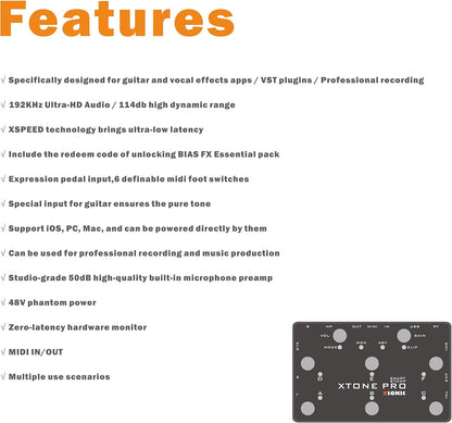 XSONIC Xtone Pro professionele mobiele audio-interface met ultralage latentie, 192KHz & 114dB, 2 ingangen, 3 uitgangen, EXP-ingang, iOS, Windows, Mac, audio-interface voor live optreden, thuisstudio