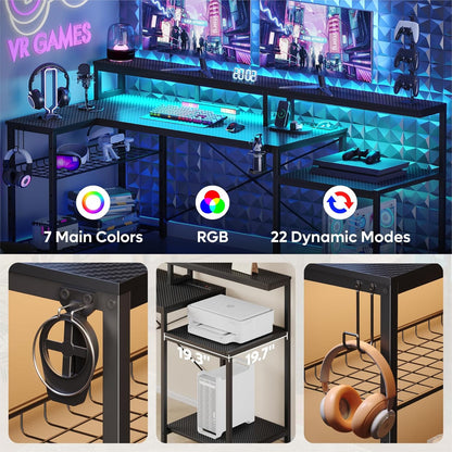 Bestier Gamingtafel, 181 cm, gamingbureau met ledverlichting, pc-tafel, gaming met 3 AC-stopcontacten en 2 USB-oplaadaansluitingen, computertafel met royale monitorplank