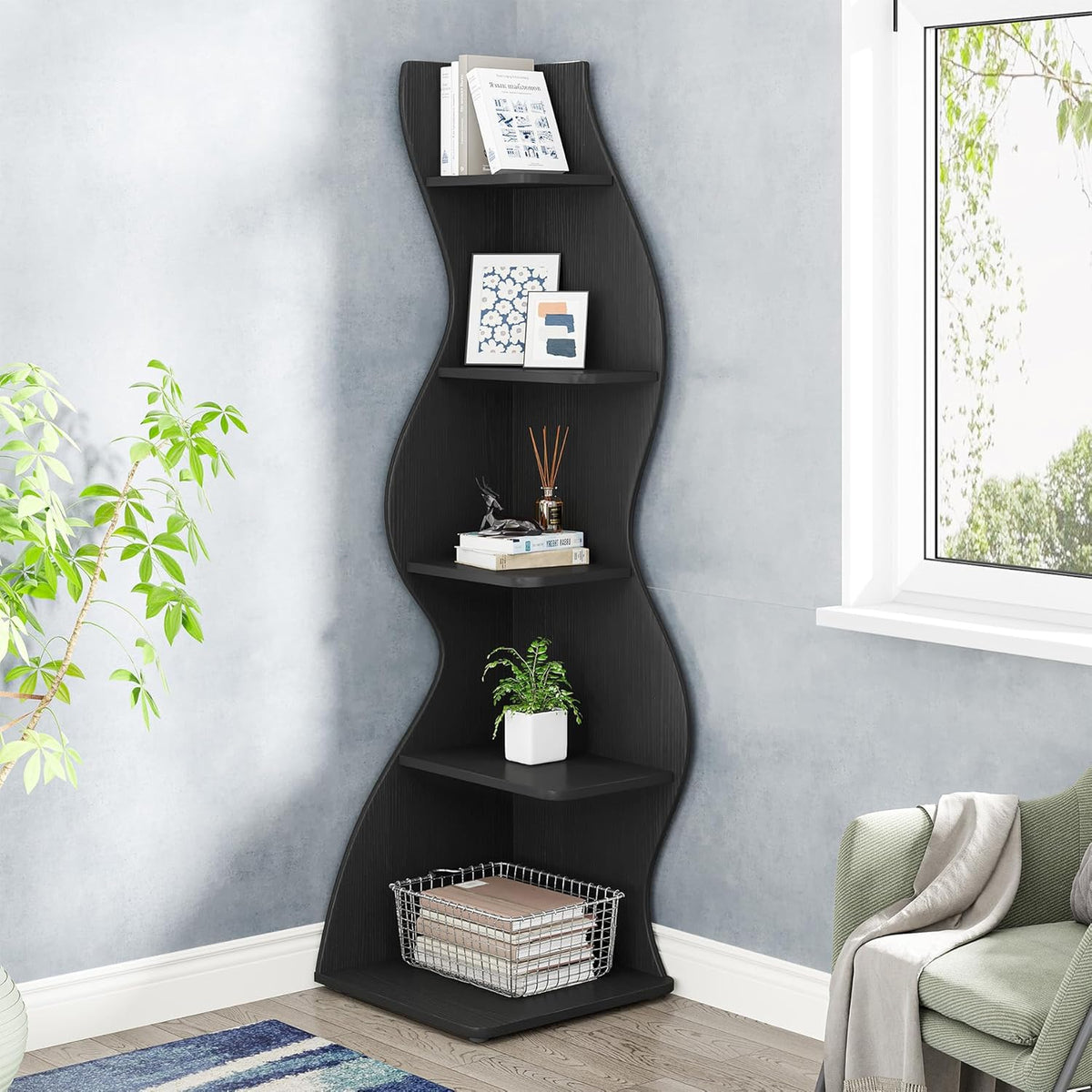 Tribesigns Corner Shelf, 178 cm High, Storage Shelf, Bookcase, Plant Stand, Organizer, 5 Levels, Modern, for Home, Office, Living Room, Bedroom, Balcony, Black, 1 Piece