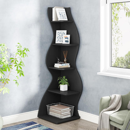Tribesigns Corner Shelf, 178 cm High, Storage Shelf, Bookcase, Plant Stand, Organizer, 5 Levels, Modern, for Home, Office, Living Room, Bedroom, Balcony, Black, 1 Piece