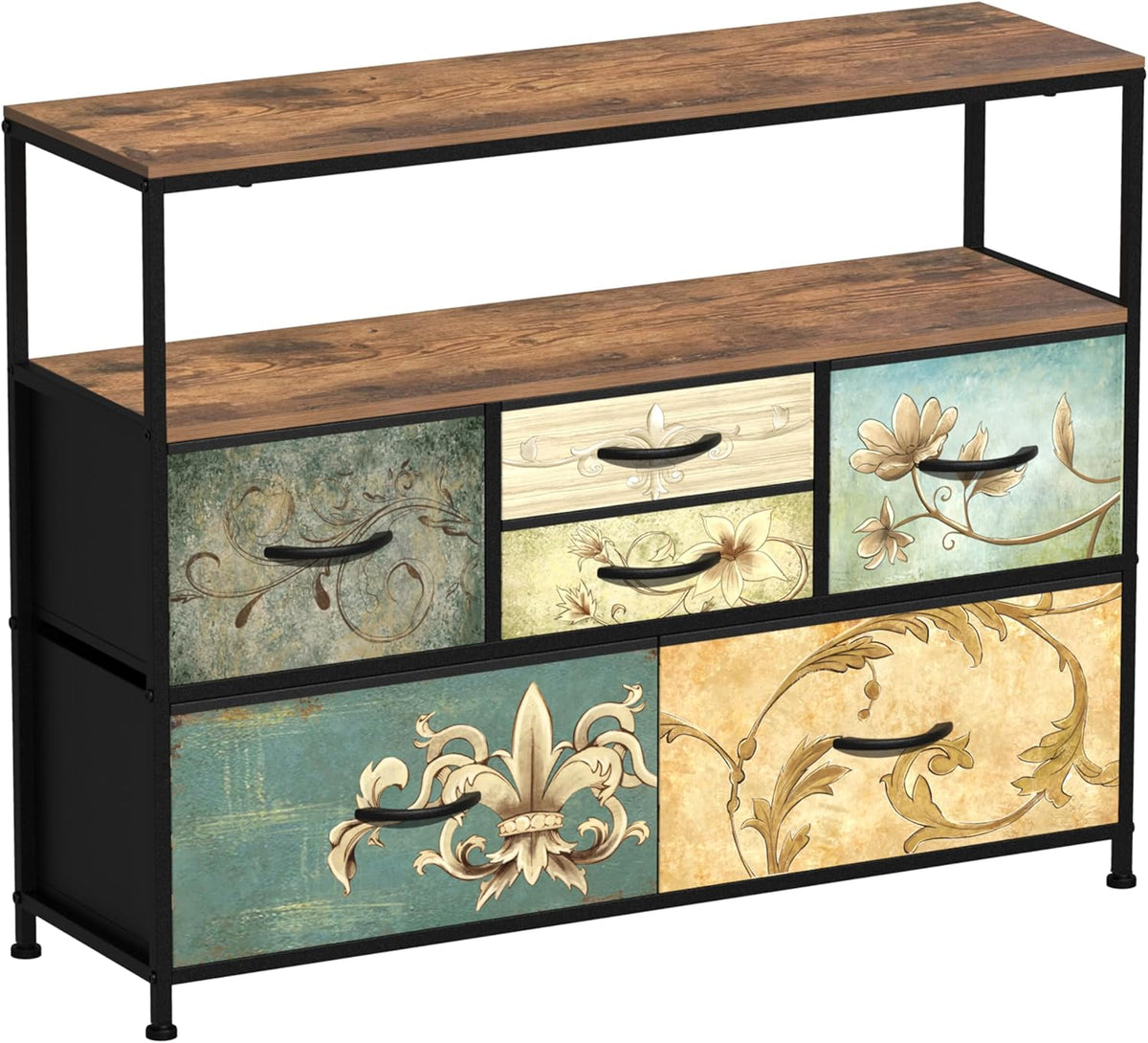 VEDECASA Kommode met 6 stoffen laden, Boheemse kaptafel, TV-standaard voor slaapkamer, dressoir met houten plaat, stoffen laden, metalen frame voor woonkamer, slaapkamer, hal