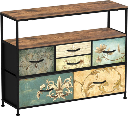 VEDECASA Kommode met 6 stoffen laden, Boheemse kaptafel, TV-standaard voor slaapkamer, dressoir met houten plaat, stoffen laden, metalen frame voor woonkamer, slaapkamer, hal