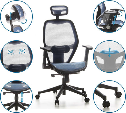 hjh OFFICE 653060 Professionele bureaustoel AIR-Port net blauw draaistoel met lendensteun, armleuningen inklapbaar en verstelbaar