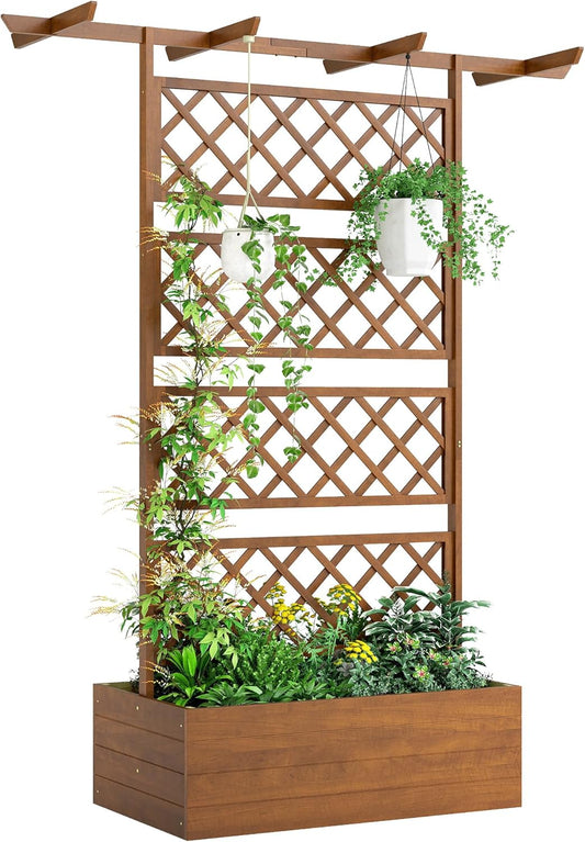 Outsunny verhoogde plantenbak met klimplantenrek, houten plantenbak met dak voor tuin en balkon, 160 x 55 x 183 cm, oranje - QUORE