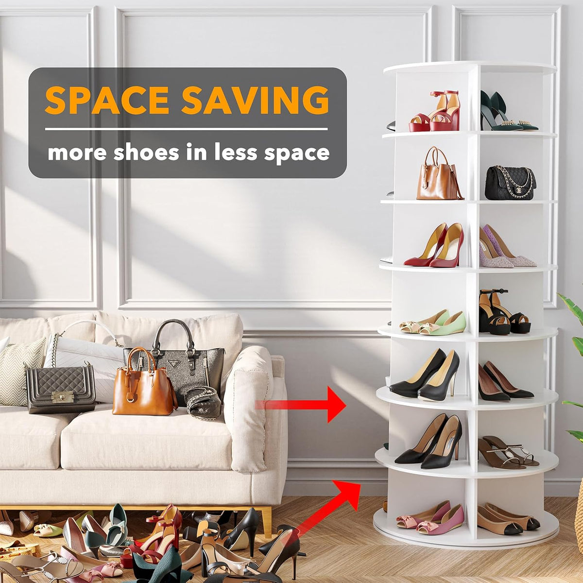 SpaceAid Roterende toren, schoenenrek met 7 niveaus, draaiend schoenendisplay Lazy Susan, 360 draaibaar schoenenrek, opslag, ronde carrousel, verticale kastorganizer voor handtassen en schoenen (7