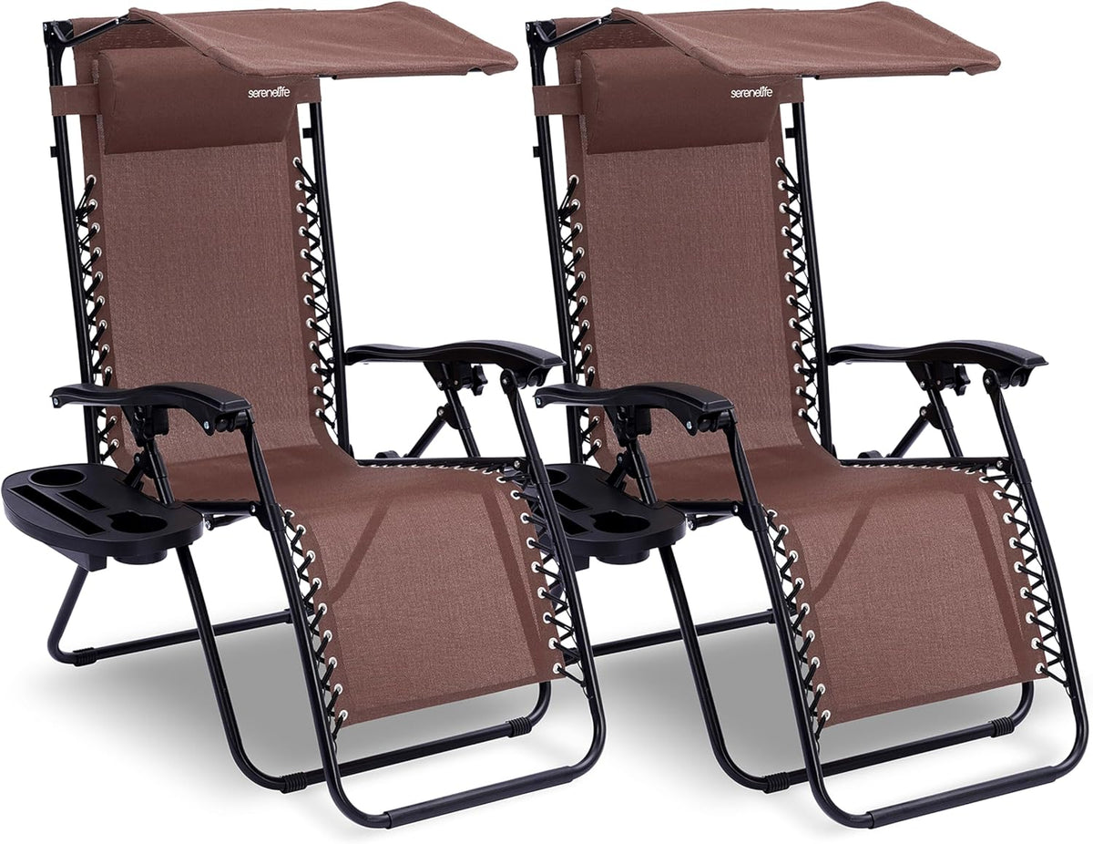 Serenelife Ligstoel, Set van 2 Ligstoelen - Verstelbare Tuinligstoelen met Zonnescherm,Zijtafel,Bekerhouders, Afneembare Kussens - Opvouwbare en Draagbare Loungestoelen voor Terras,Tuin,Strand - Bruin