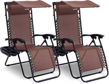 Serenelife Ligstoel, Set van 2 Ligstoelen - Verstelbare Tuinligstoelen met Zonnescherm,Zijtafel,Bekerhouders, Afneembare Kussens - Opvouwbare en Draagbare Loungestoelen voor Terras,Tuin,Strand - Bruin