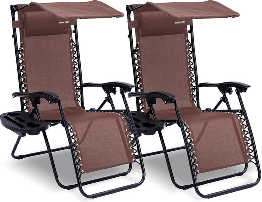 Serenelife Ligstoel, Set van 2 Ligstoelen - Verstelbare Tuinligstoelen met Zonnescherm,Zijtafel,Bekerhouders, Afneembare Kussens - Opvouwbare en Draagbare Loungestoelen voor Terras,Tuin,Strand - Bruin