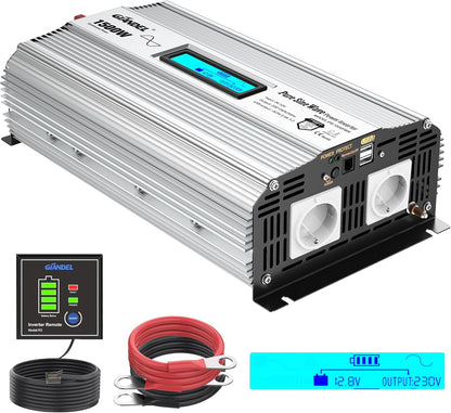 GIANDEL 1500 W zuivere sinus omvormer, DC 12 V naar AC 230 V, spanningsomvormer, power inverter met 2,4 A dubbele USB-poorten en afstandsbediening en lcd-display voor camper vrachtwagen