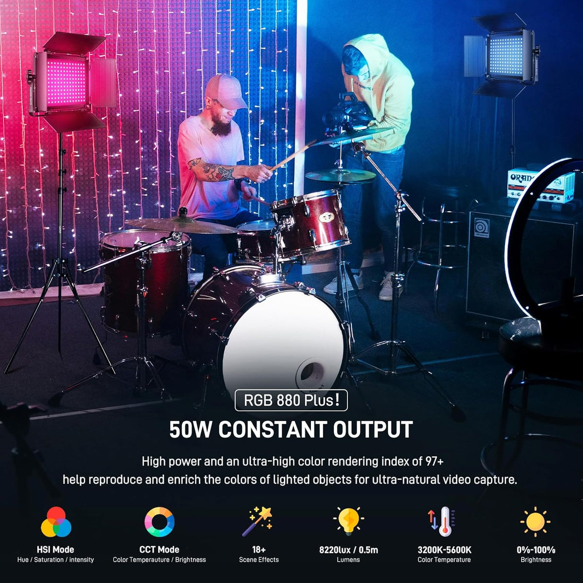 RGB LED-videolamp set van 2 met statieven – LED videolicht – Studiolamp – Fotolamp – Continu licht – 60 W per lamp – Bluetooth app-bediening