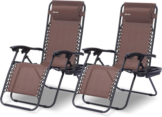 Serenelife Sun Lounger, Set of 2 Sun Loungers - Adjustable Garden Loungers with Side Table, Cup Holders, Removable Cushions - Foldable and Portable Lounge Chairs for Patio Garden Beach - Brown - QUORE