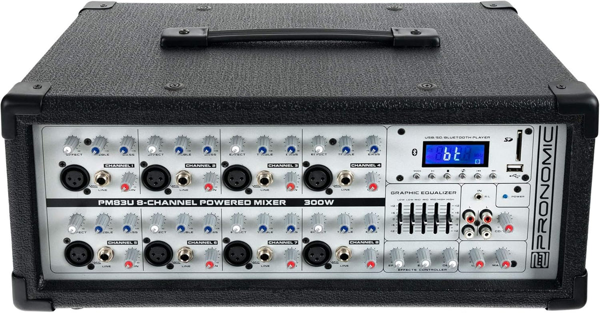 Powermixer 8-Kanaals – Mengpaneel – Mengtafel – PA-Mixer – Versterker – 300W/4 Ohm – USB/SD/Bluetooth MP3-Speler