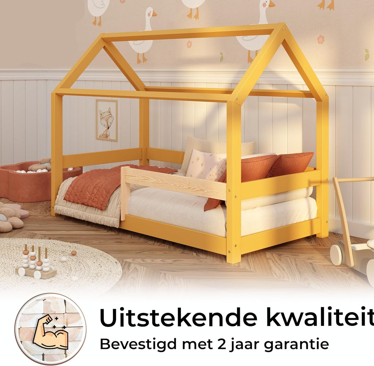 smartwood Solid Wood House Bed 90x200 - Children's Bed in Natural with Fall Protection & Slatted Base up to 230 kg - Scandinavian Design - for Boys & Girls - Easy Assembly - MILO - QUORE
