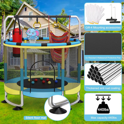 Trampoline voor kinderen, 150 cm, voor binnen en buiten, 200 kg, verstelbaar, met basketbalmand en behuizing, cadeaus voor jongens en meisjes, groen/blauw