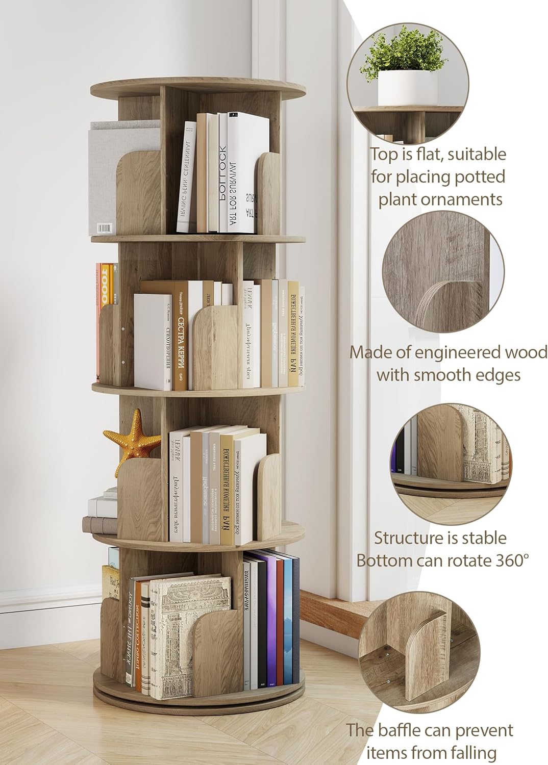 Rotating Bookshelf 360° Rotatable Bookcase for Kids Room Freestanding Rotating Bookcase Multifunctional Display Organizer for Home Study Bedroom (4 Tier | Oak | - QUORE