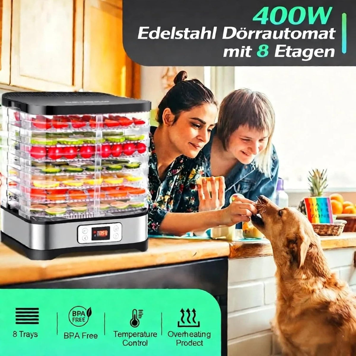 Nictemaw Voedseldroger met 8 etages, 400 W, premium roestvrijstalen dehydrator met timer en temperatuurregelaar, 35-70 °C, professioneel droogapparaat voor Beef Jerky, gedroogde vruchten en groenten