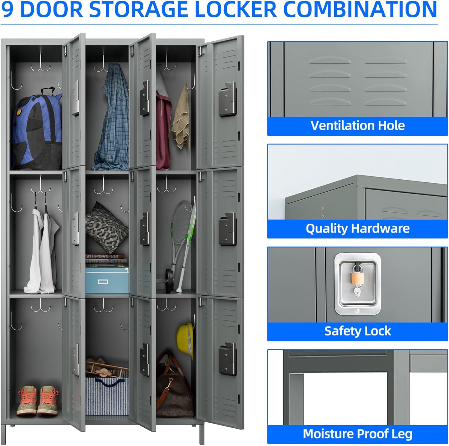 Closet, Metal with 9 Compartments, Metal Wardrobe with Ventilation Slots for Employees, Gym, School, Office (Light Grey) - QUORE
