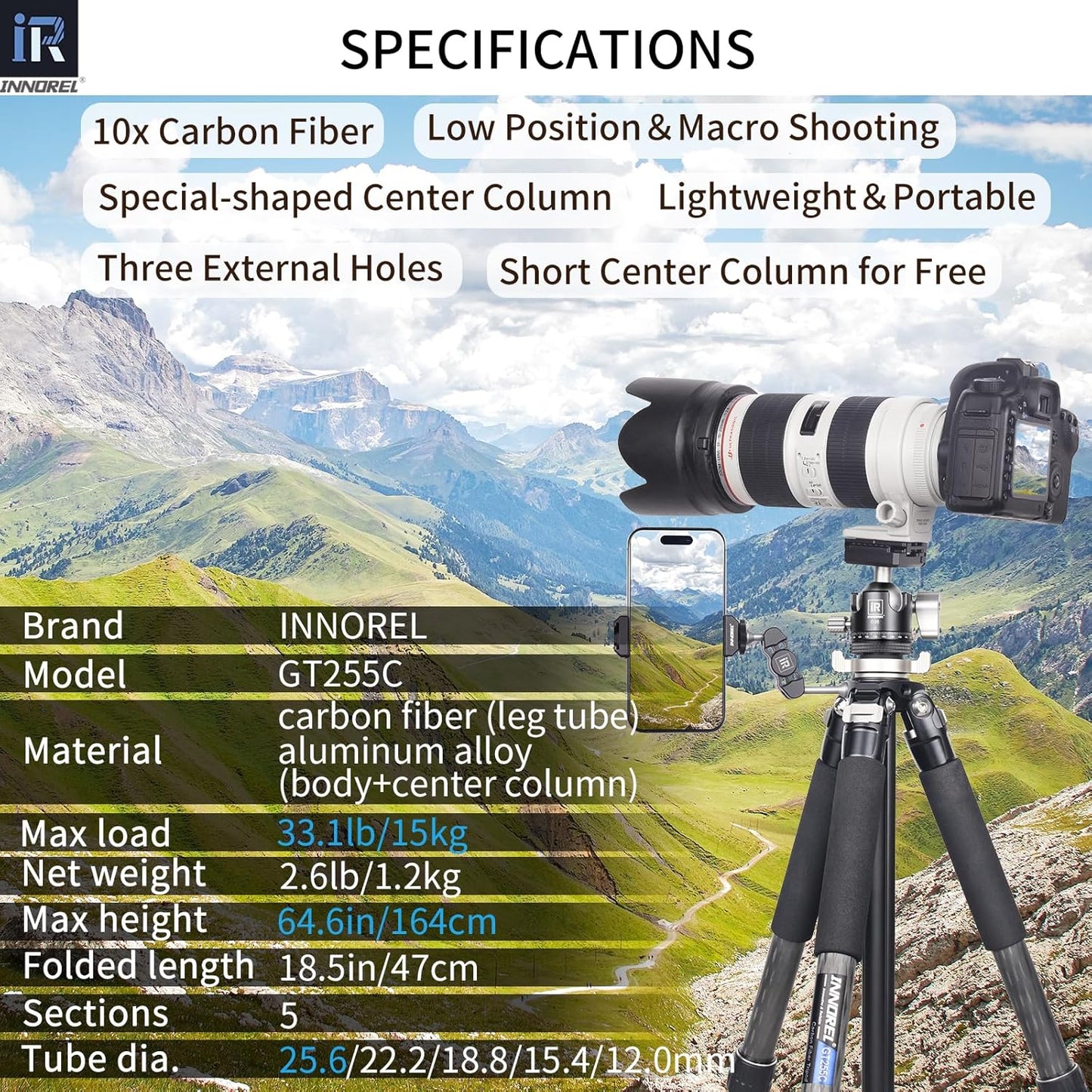Koolstofvezel Reisstatief – Camera Statief – Fotostatief – Tripod – Driepootstatief – Compact Opvouwbaar 47 Cm – Max. Draagvermogen 15 Kg