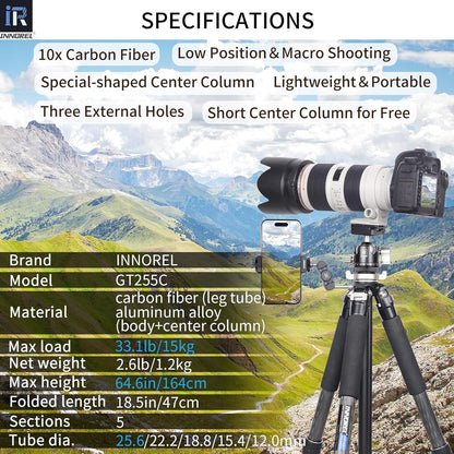 Koolstofvezel Reisstatief – Camera Statief – Fotostatief – Tripod – Driepootstatief – Compact Opvouwbaar 47 Cm – Max. Draagvermogen 15 Kg