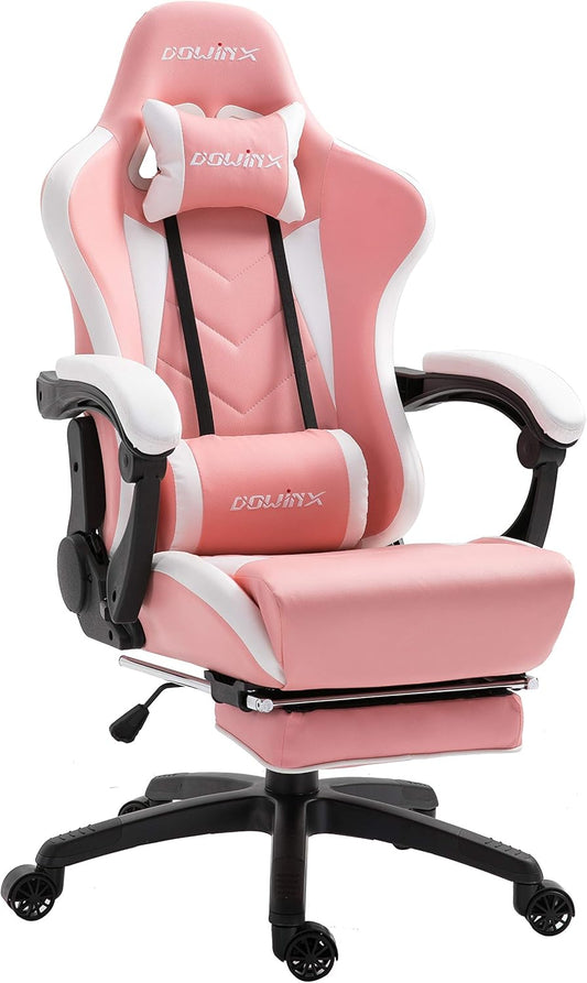 Dowinx Gaming Chair, Ergonomic Gamer Chair with Massage Lumbar Support, PC Office Chair, Backrest, Adjustable Swivel Chair with Footrest, Black and Pink - QUORE