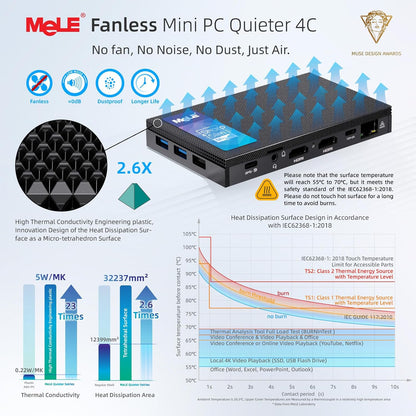 MeLE Quieter4C Mini PC Zonder Ventilator 12e Alder Lake N100 (tot 3,4GHz)16GB LPDDR4x 512GB Desktop Personal Computer Win 11 Pro 4K Drievoudige weergave Dubbel HDMI Alles-in-één USB-C BT5.1 Ethernet
