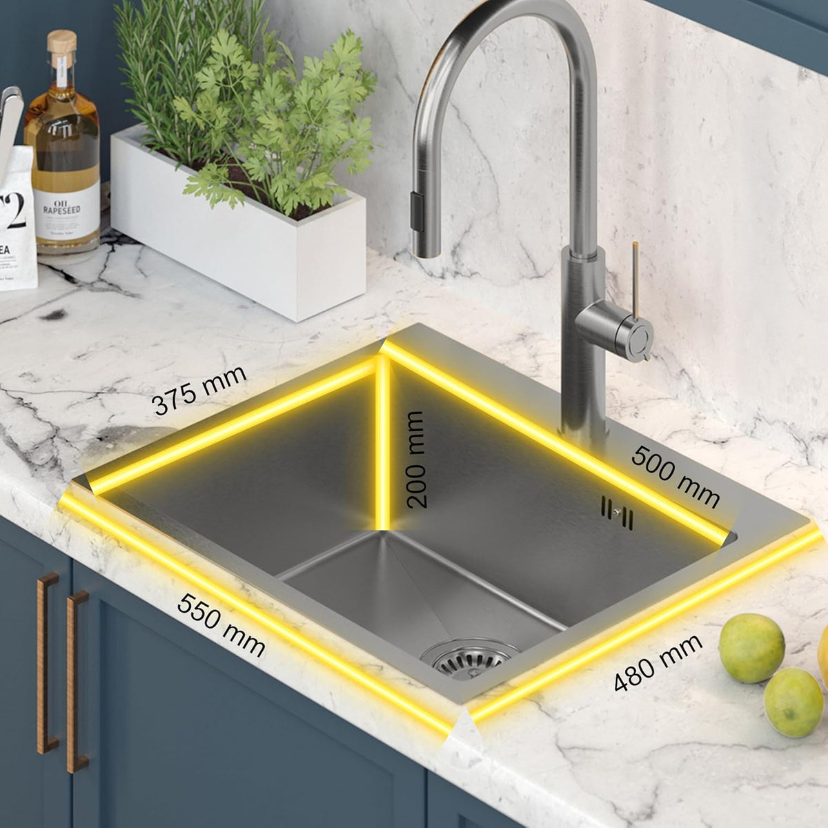 Quadron spoelbak roestvrij stalen spoelbak | afmeting 55 x 48 cm kleur: pvc goud | spoelbak Russel 110 enkele wastafel keukenspoelbak met stalen kamer roestvrij stalen spoelbak | met sifon en