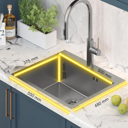 Quadron spoelbak roestvrij stalen spoelbak | afmeting 55 x 48 cm kleur: pvc goud | spoelbak Russel 110 enkele wastafel keukenspoelbak met stalen kamer roestvrij stalen spoelbak | met sifon en