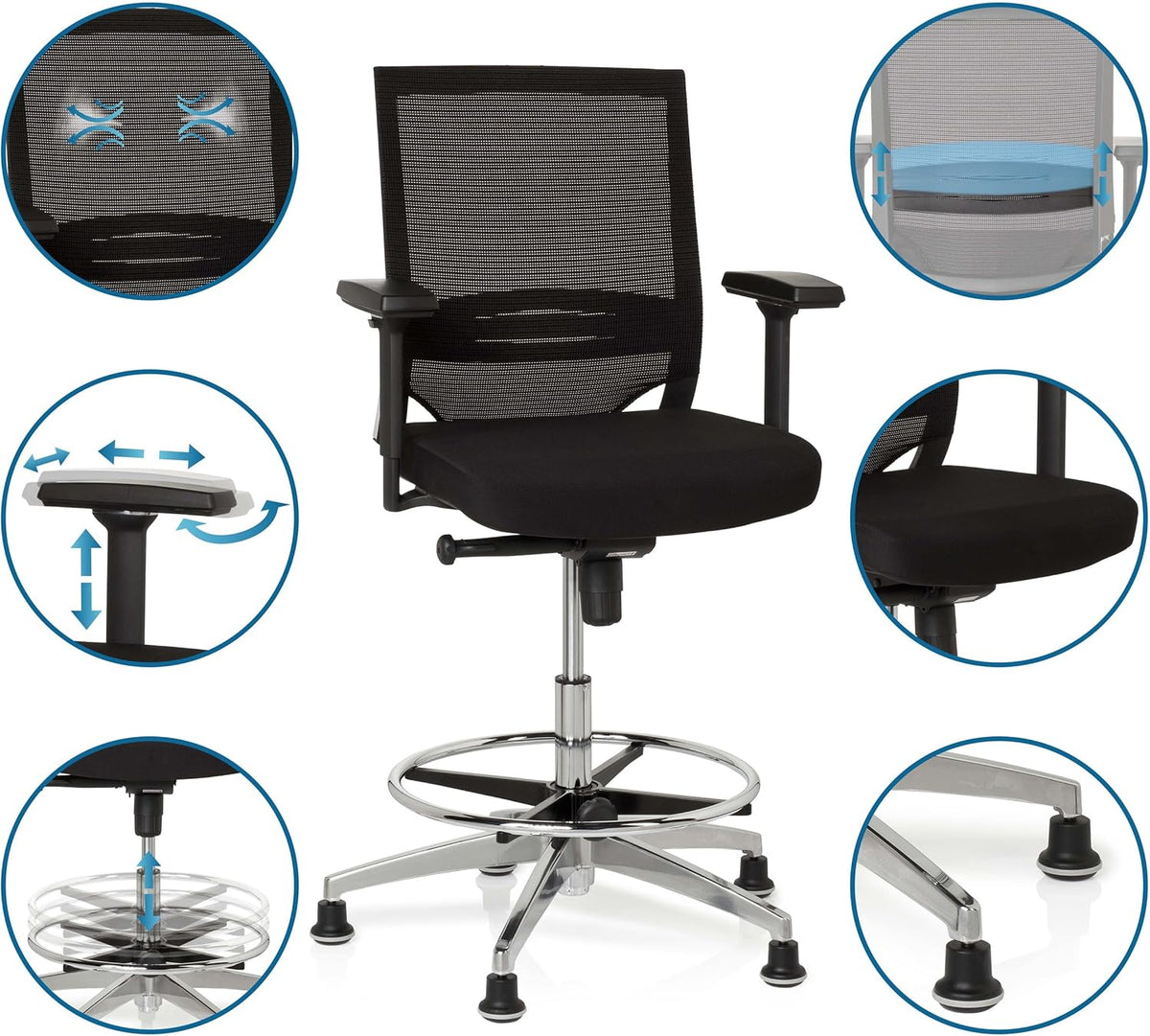 hjh OFFICE Top Work 77 657550 Werkstoel, bureaustoel, met stof/net, zwart, hoog, ergonomisch, stoel en voetensteun, in hoogte verstelbaar