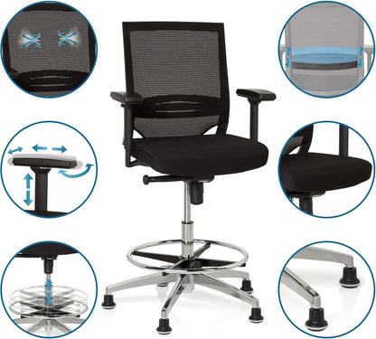 hjh OFFICE Top Work 77 657550 Werkstoel, bureaustoel, met stof/net, zwart, hoog, ergonomisch, stoel en voetensteun, in hoogte verstelbaar