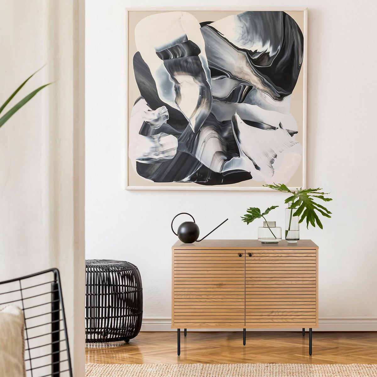 Sideboard with 2 doors oak LINNO S 100x40x74 cm Industrial style chest of drawers, adjustable shelves - QUORE