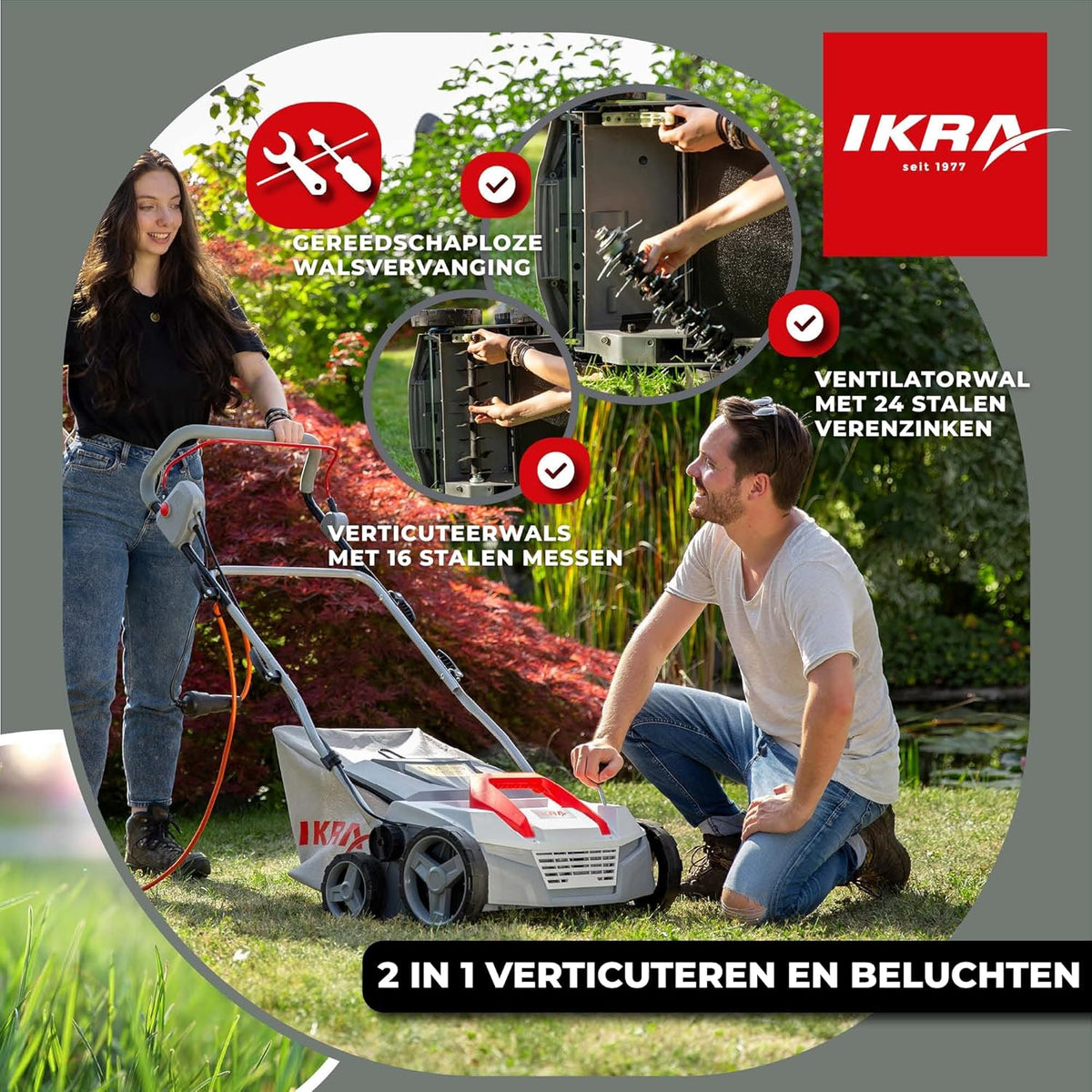 IKRA Elektrische Verticuteermachine Gazonbeluchter IEVL 1838, opvangmand 40l, werkbreedte 38cm, werkdiepte instelbaar - QUORE