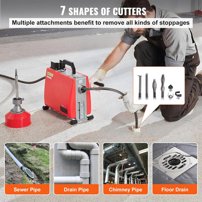VEVOR Electric Pipe Cleaning Machine, 20 m x 16 mm, Pipe Cleaner, 250 W, Manual Power Supply, 2 Steel Cables, 20 m x 16 mm/4.6 m x 9.5 mm, CCW Control for 4-10 cm Pipes