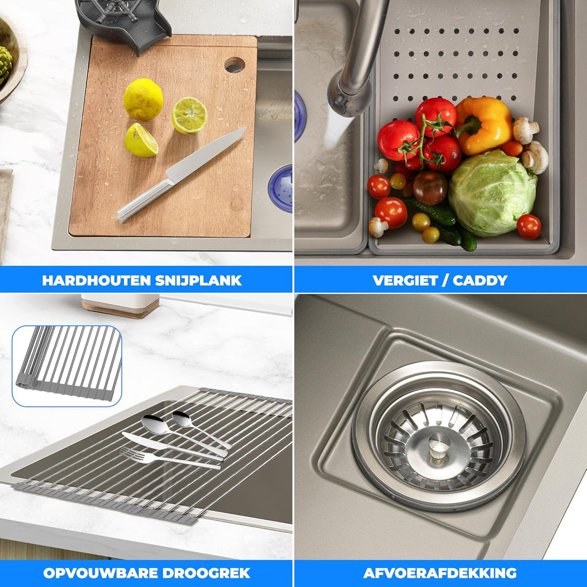 SereneLife Stainless Steel Kitchen Sink – Undermount & Surfaced, 13 Gauge, 76 x 46 x 23 cm, Includes Faucet, Stainless Steel Racket, Strainer Basket, Cutting Board & Cup Cleaner, Grey - QUORE