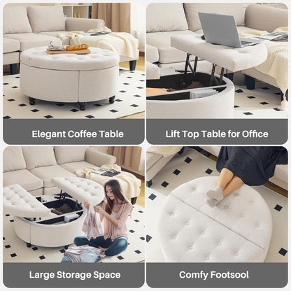 Koffietafel - Table - Coffe table - Living Room Table - Ronde Opbergpoef van 35 inch - Moderne gecapitonneerde salontafel met klep - Gestoffeerde Voetenbank - voor Woonkamer en Slaapkamer - Beige