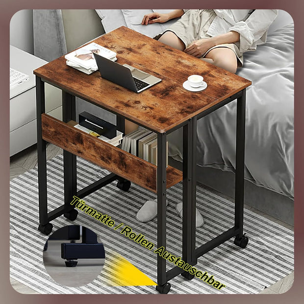 Computertafel - Computerbureau - Laptoptafel - Inklapbaar Kleine Tafel - Werktafel - Bijzettafel - met Wieltjes - Opvouwbare - IndustriëLe Stijl - voor - Thuis - Kantoor - 80 x 58 x 79 cm - Vintage Koffie