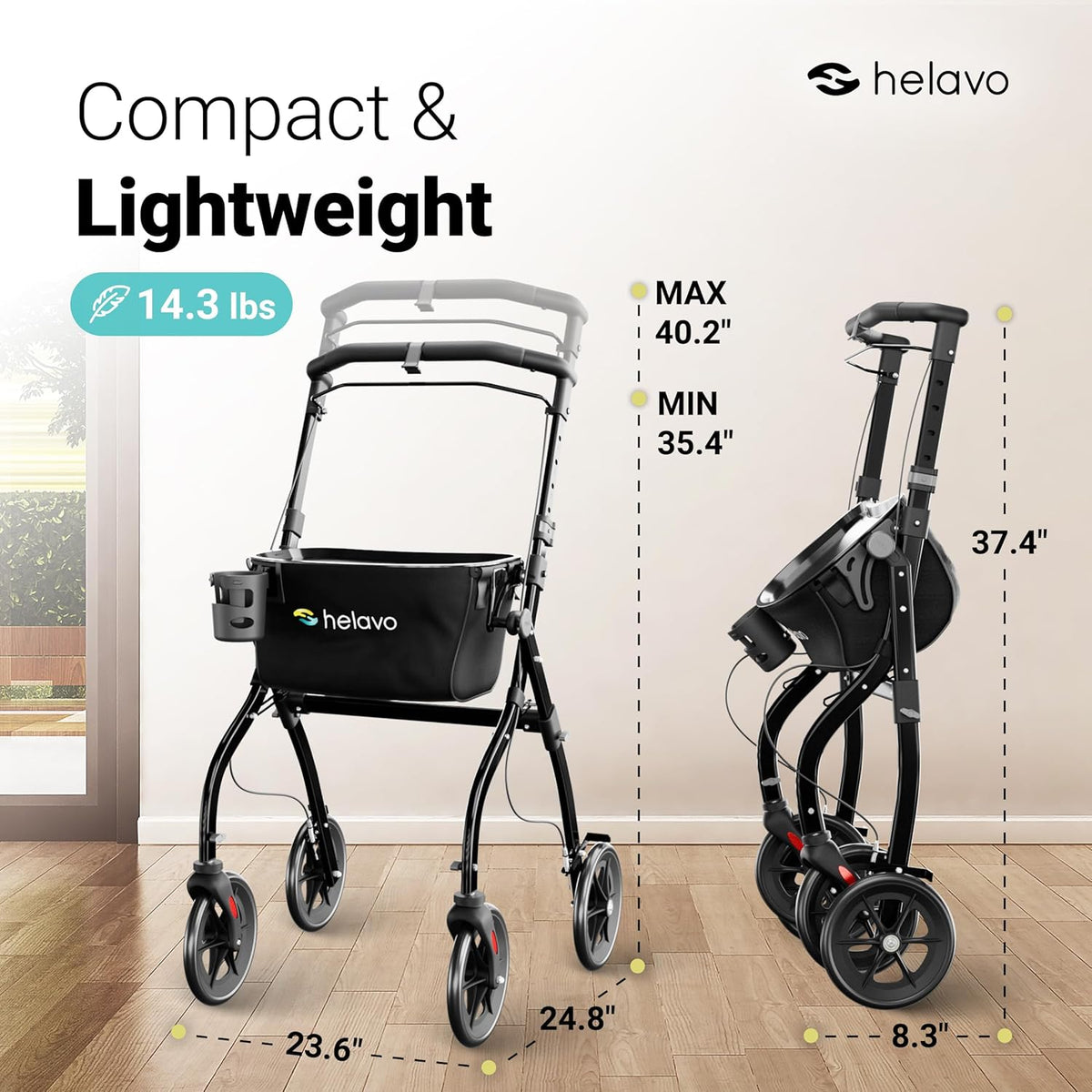 HELAVO slim rollator voor thuis - Lichtgewicht en opvouwbare rollator voor thuis met dienblad