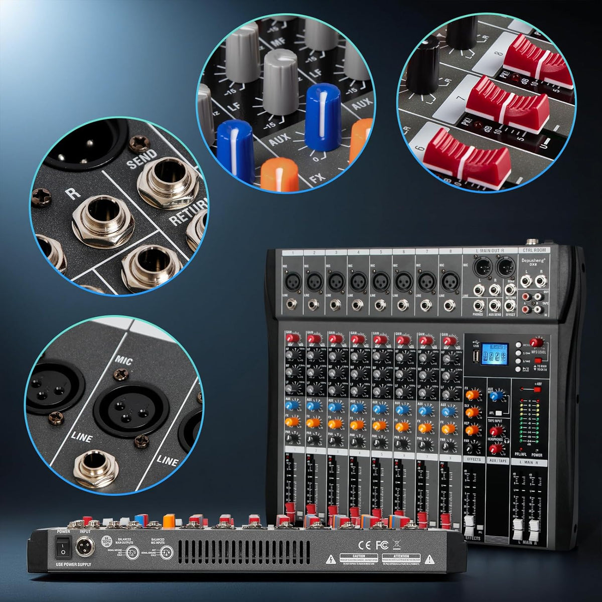 Bluetooth USB audiomixer – Mengpaneel – Mengtafel – Soundboard – DJ mixer – 8-kanaals zwart – Bluetooth streaming – 48V fantoomvoeding