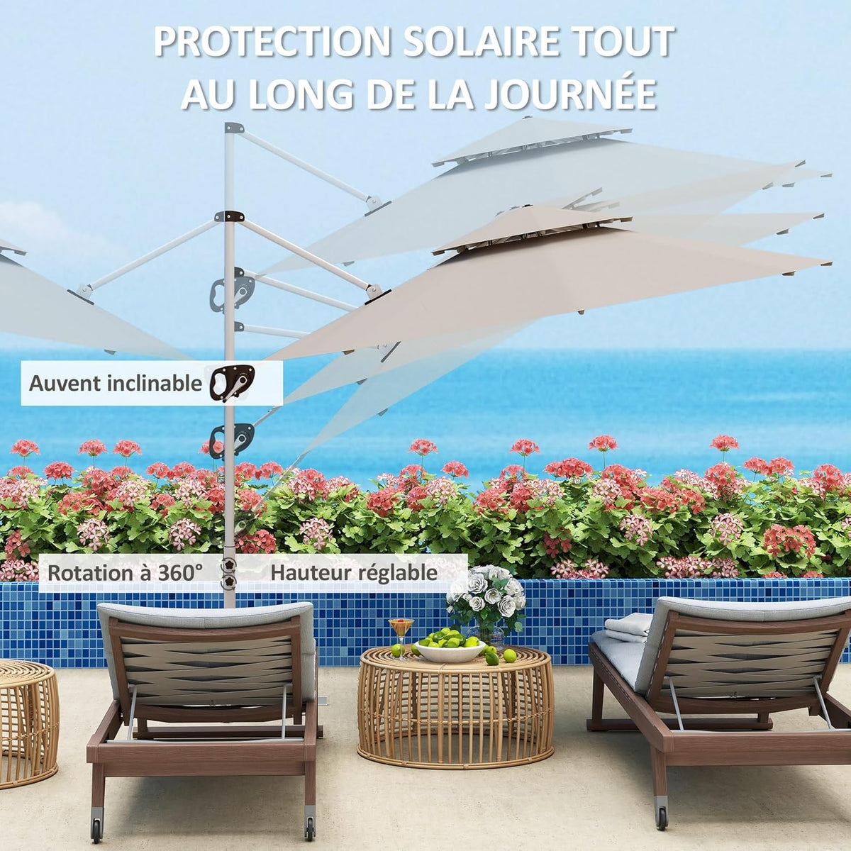 Outsunny Round Floating Parasol, 3 x 2.5 m, Outdoor Garden Parasol with Crank, Cross Base, Tilting and 360° Rotatable, Double Roof, UV Protection UPF0+, Grey, Light Grey